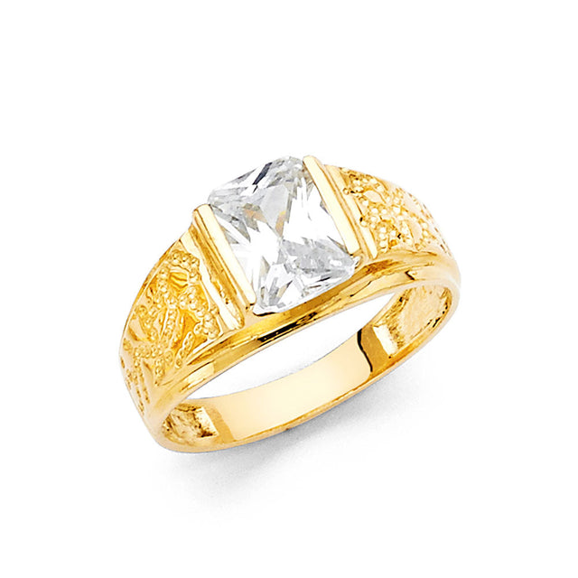14K Yellow Gold Emerald-Cut Solitaire Men's Ring on White Background