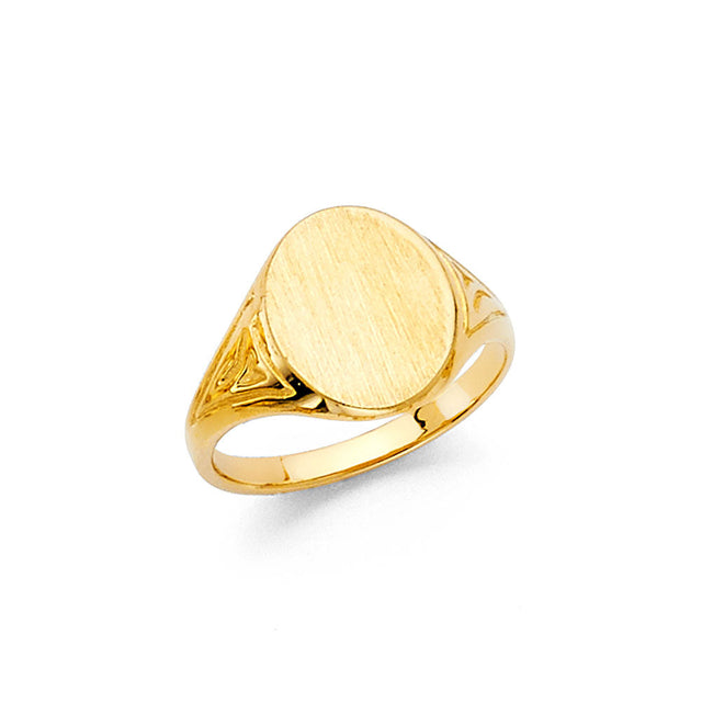 14K Yellow Gold Children's Plain Oval Signet Ring on White Background