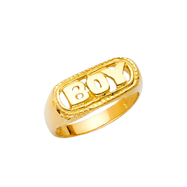 14K Yellow Gold Baby Boy Nameplate Ring on White Background