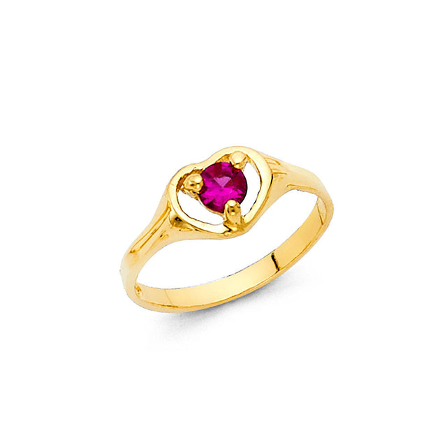 14K Yellow Gold Baby Fuchsia Heart Bypass Ring on White Background