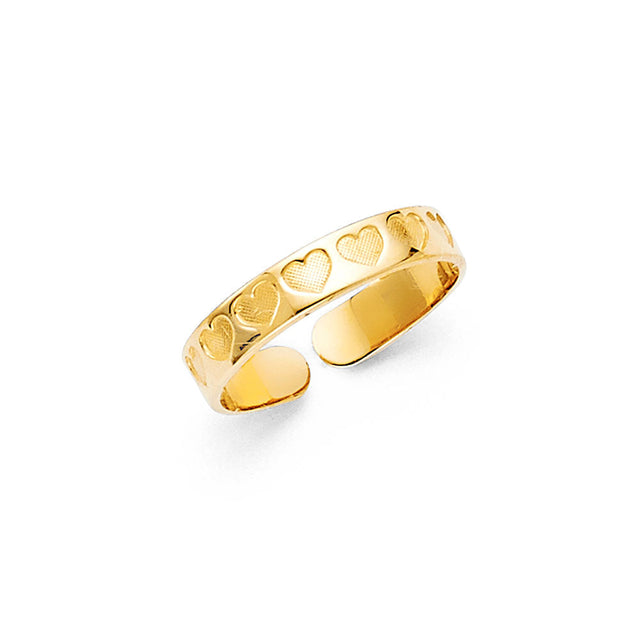 14K Yellow Gold Hearts Band Toe Ring on White Background
