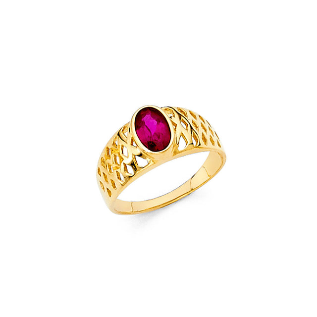 14K Yellow Gold Baby Fuchsia Oval Lattice Ring on White Background