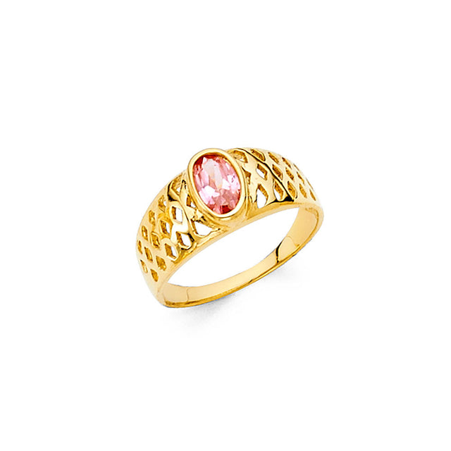 14K Yellow Gold Children's Pink Oval Lattice Ring on White Background