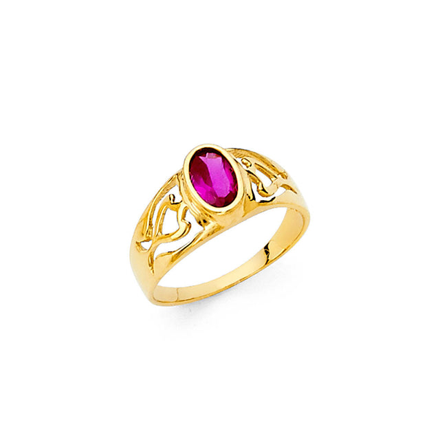 14K Yellow Gold Children's Fuchsia Oval Filigree Ring on White Background