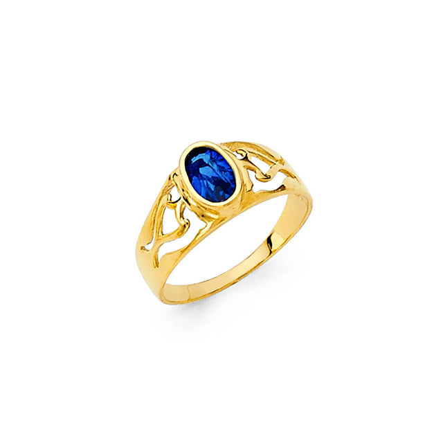 14K Yellow Gold Children's Blue Oval Filigree Ring on White Background