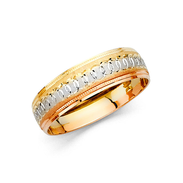 14K Tri-Color Gold Diamond-Cut Link Men's Wedding Band