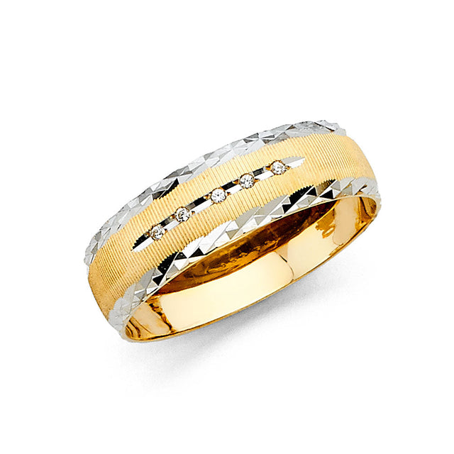 14K Two-Tone Gold CZ Ribbon Wedding Trio Set — Men's Wedding Band on White Background