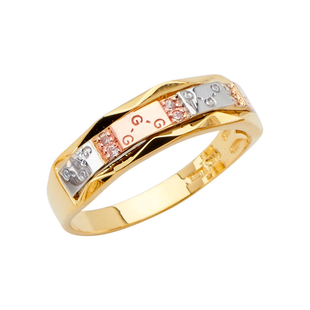 14K Tri-Color Gold Block-Pattern Men's Wedding Band