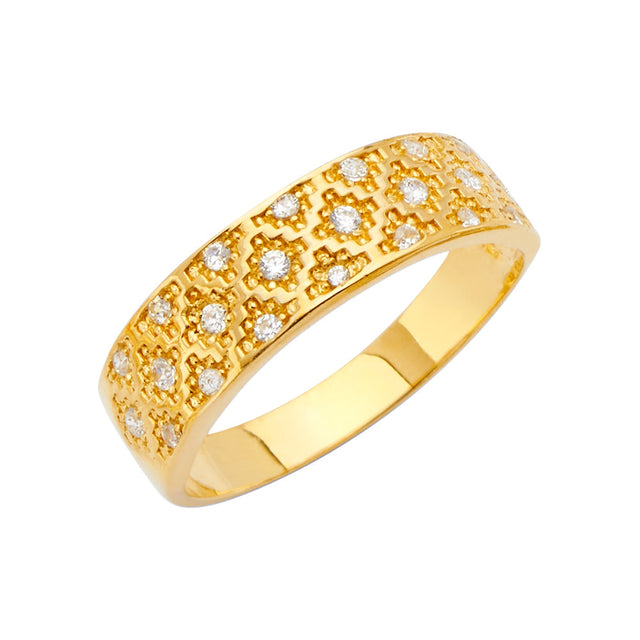 14K Yellow Gold Lattice Wedding Trio Set — Men's Wedding Band on White Background