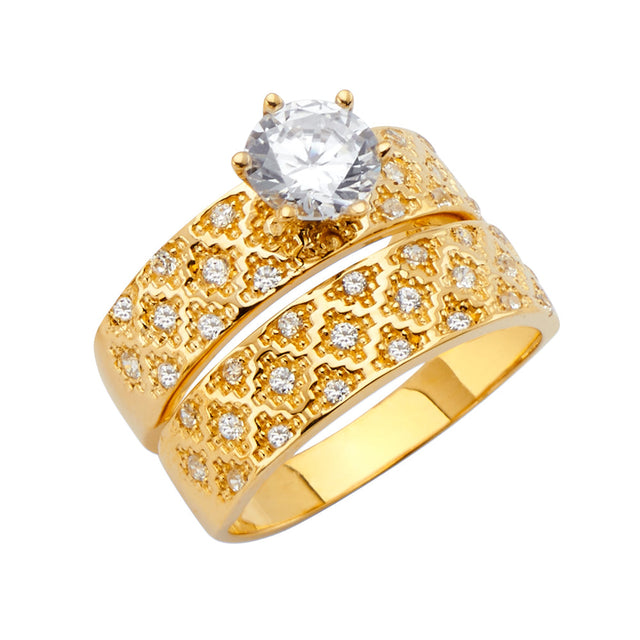 14K Yellow Gold Lattice Wedding Trio Set — Engagement Ring on White Background