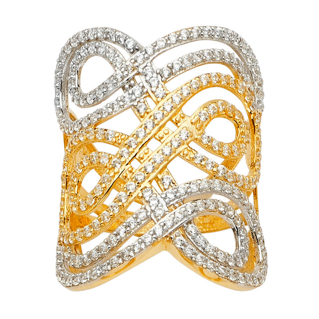 14K Two-Tone Gold Pavé Infinity Crossover Ring on White Background