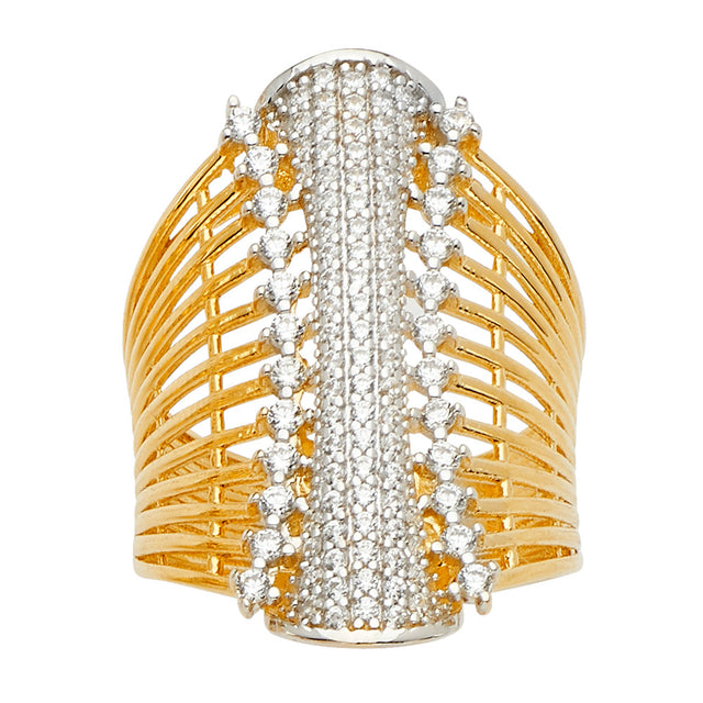 14K Two-Tone Gold Pavé Ribbed Dome Statement Ring on White Background