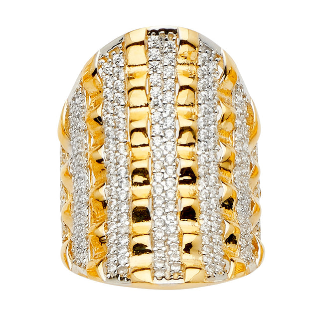 14K Two-Tone Gold Pavé Striped Dome Statement Ring on White Background
