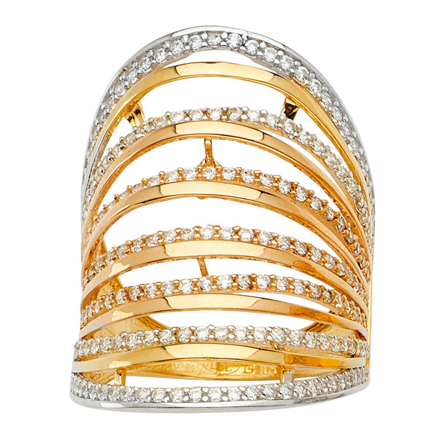 14K Tricolor Gold Pavé Open Cage Ring on White Background