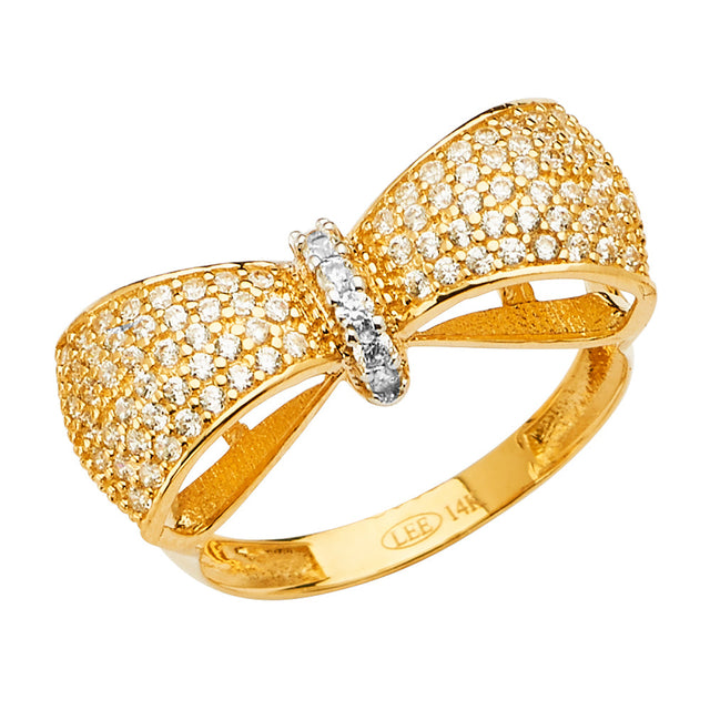 14K Two-Tone Gold Pavé Bow-Tie Ring on White Background