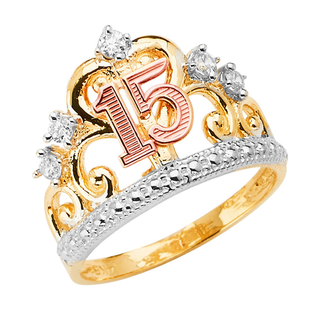 14K Tri-Color Gold Quinceanera 15 Anos Crown Ring