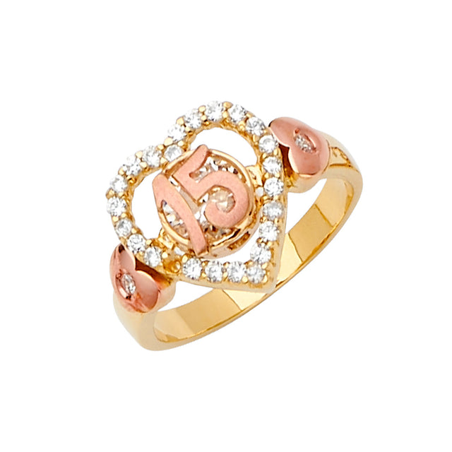 14K Two-Tone Gold Quinceanera 15 Anos Heart-Frame Ring