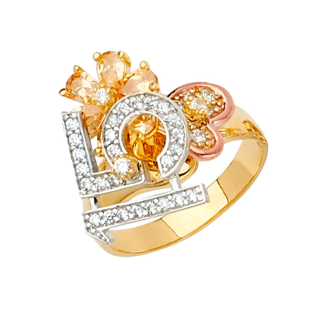 14K Tri-Color Gold Quinceanera 15 Anos Statement Ring