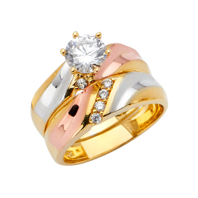 14K Tri-Color Gold Diagonal Bypass Wedding Trio Set on White Background