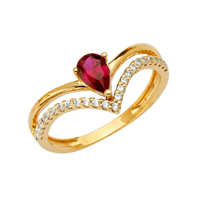 14K Yellow Gold Pear-Shaped Simulated Ruby Chevron Ring on White Background