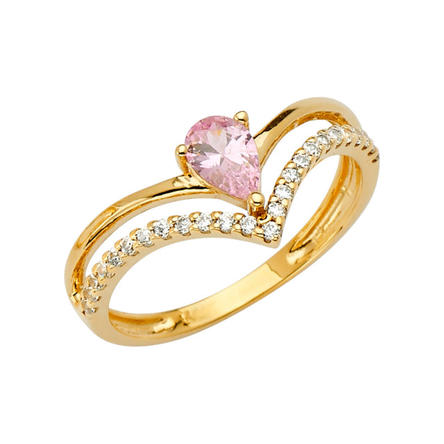 14K Yellow Gold Heart Simulated Pink Sapphire Chevron Ring on White Background