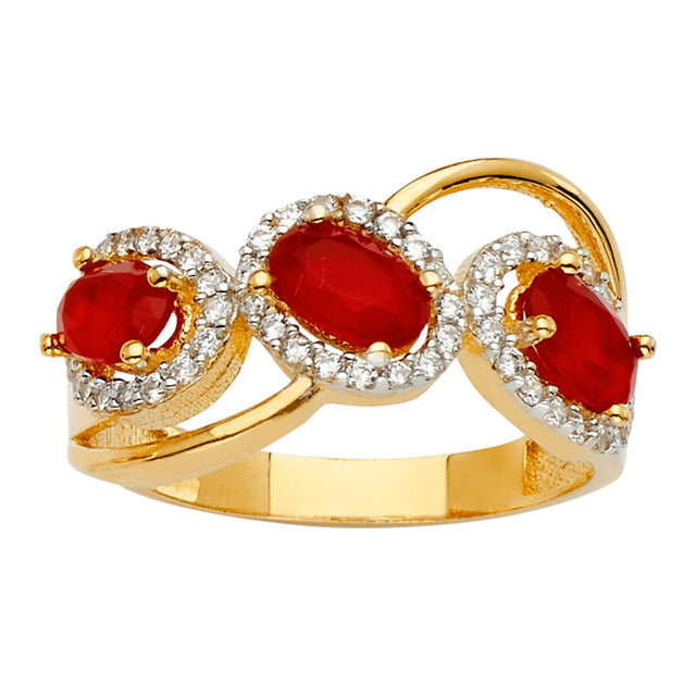 14K Yellow Gold Oval Simulated Ruby Multi-Stone Infinity Ring on White Background
