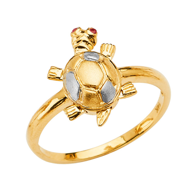 14K Two-Tone Gold Children's Turtle Ring on White Background