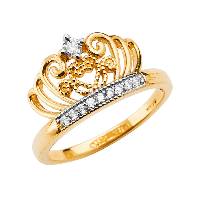 14K Two-Tone Gold Ornate Crown Ring on White Background
