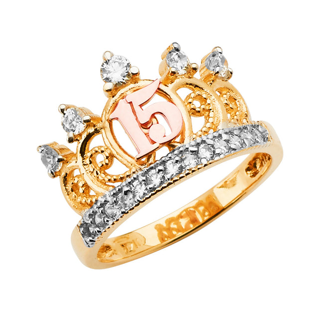 14K Tri-Color Gold Quinceanera 15 Anos Tiara Ring