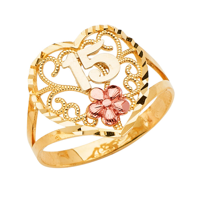 14K Tri-Color Gold 15 Anos Heart Filigree Ring