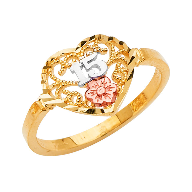 14K Tri-Color Gold 15 Anos Heart Ring