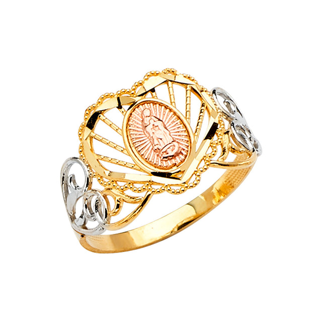 14K Tricolor Gold Sunburst Openwork Guadalupe Ring on White Background