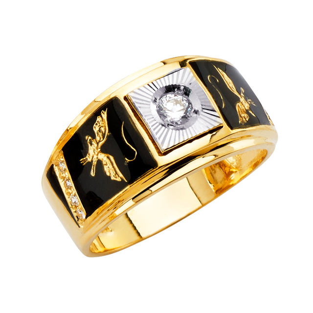 14K Tricolor Gold Enamel Eagle Men's Ring on White Background