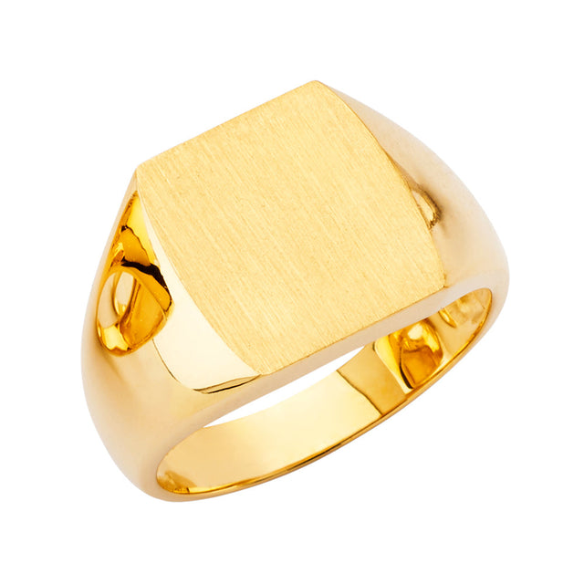 14K Yellow Gold Polished Square Signet Men's Ring on White Background
