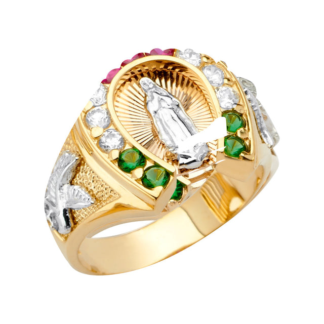 14K Tricolor Gold Men's Our Lady of Guadalupe Horseshoe Ring on White Background