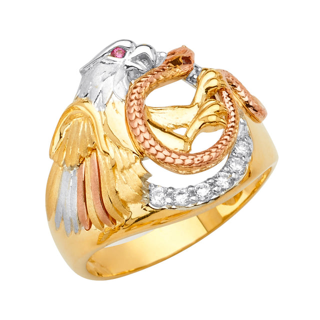 14K Tricolor Gold Eagle and Serpent Men's Ring on White Background