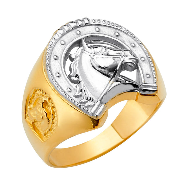 14K Two-Tone Gold Round-Frame Horse Head Horseshoe Men's Ring on White Background