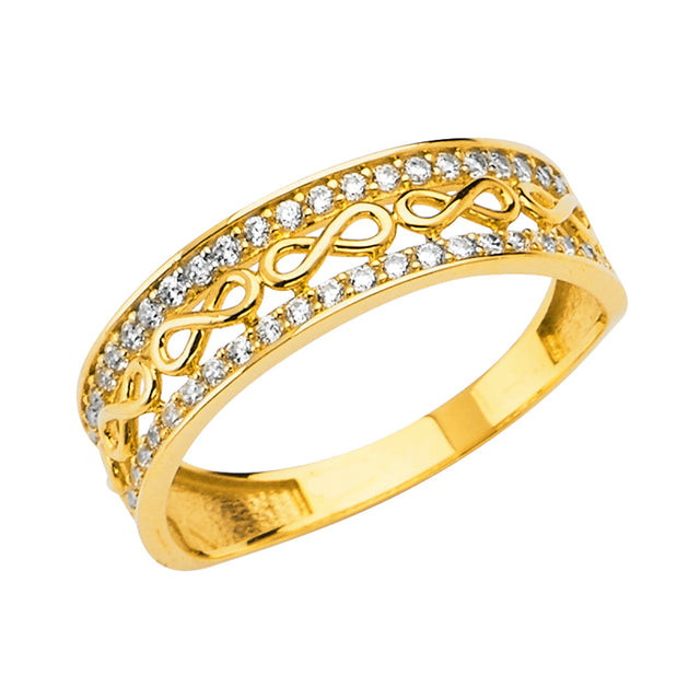 14K Yellow Gold Fancy Infinity Band Ring on White Background