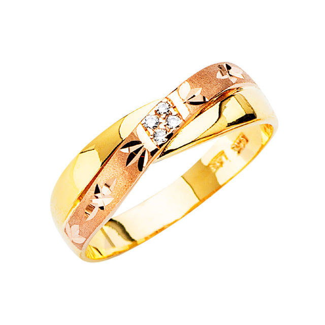 14K Tricolor Gold CZ Heart Wedding Trio Set — Men's Wedding Band on White Background
