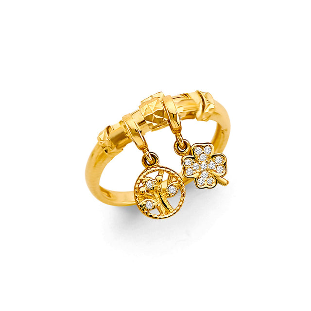 14K Yellow Gold Clover Charm Drop Cubic Zirconia Ring on White Background