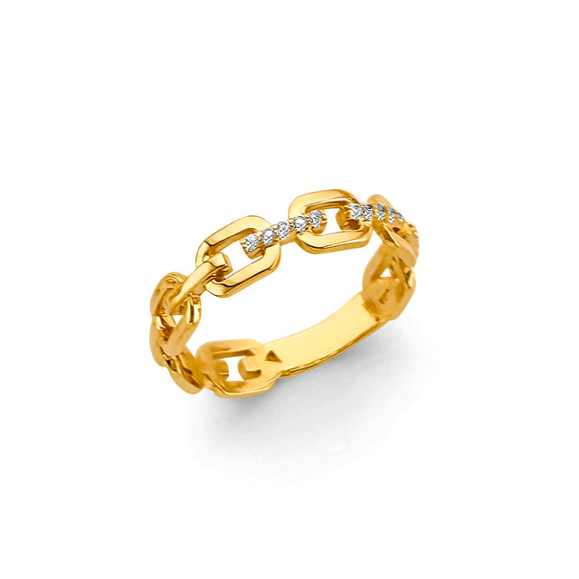 14K Yellow Gold Link Station Pave Cubic Zirconia Ring on White Background
