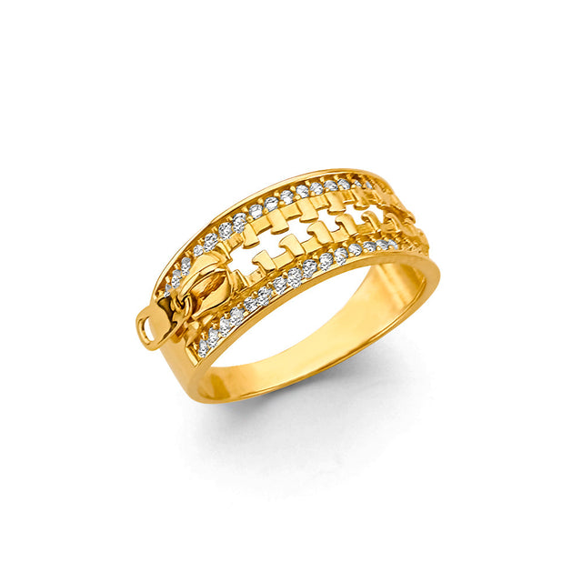 14K Yellow Gold Zipper Cubic Zirconia Ring on White Background