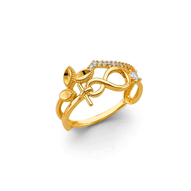 14K Yellow Gold Open Infinity Twist Cubic Zirconia Ring on White Background