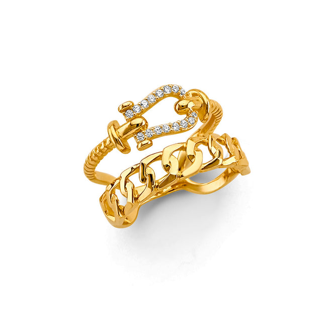 14K Yellow Gold Two-Line Fancy Pave Ring on White Background