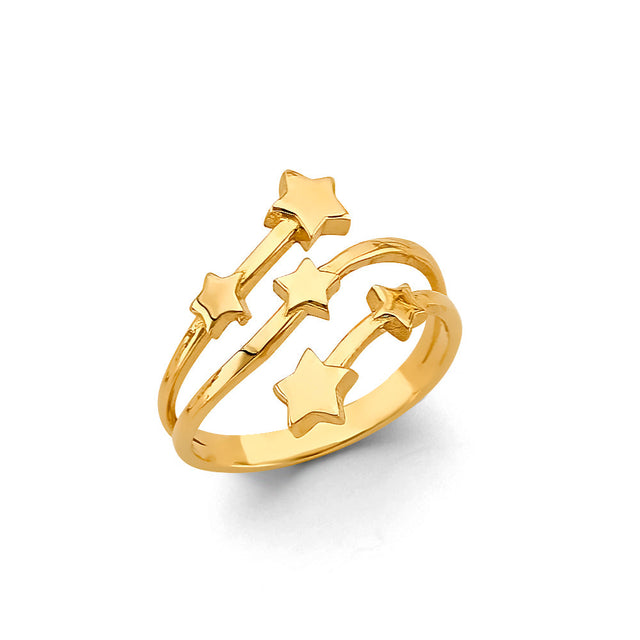 14K Yellow Gold Three-Row Star Ring on White Background