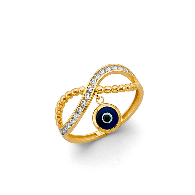 14K Yellow Gold Hanging Evil Eye Ring on White Background