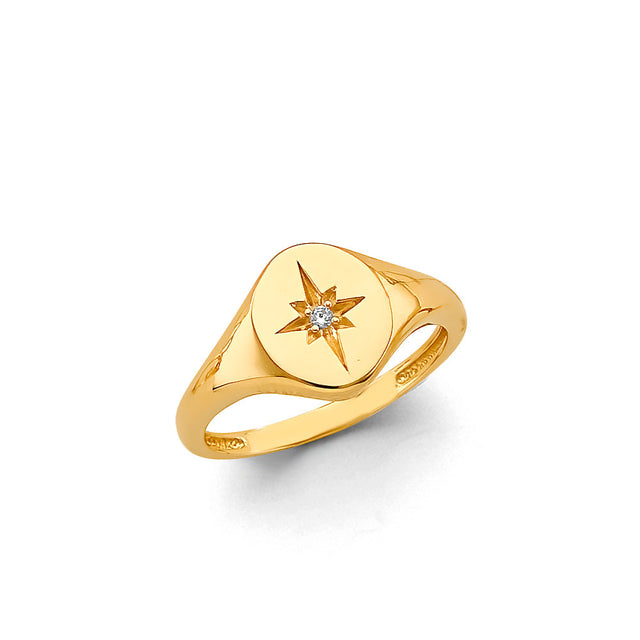 14K Yellow Gold Star Signet Ring on White Background