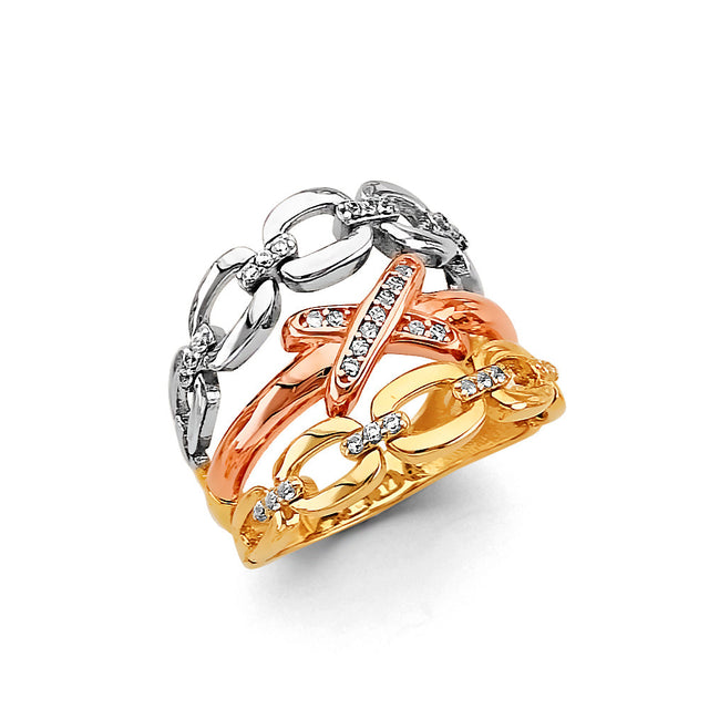 14K Tricolor Gold Triple-Line Link Ring on White Background