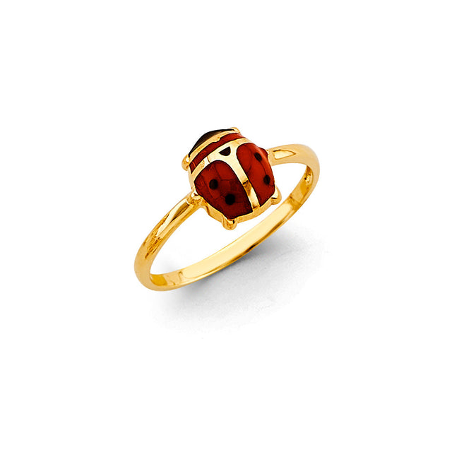 14K Yellow Gold Ladybug Ring on White Background