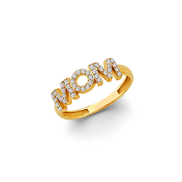 14K Two-Tone Gold Mom Pave Nameplate Ring on White Background